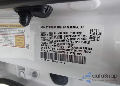 2021 Honda Pilot Awd Special Edition из США, поврежденный, VIN 5FNYF6H2XMB068842